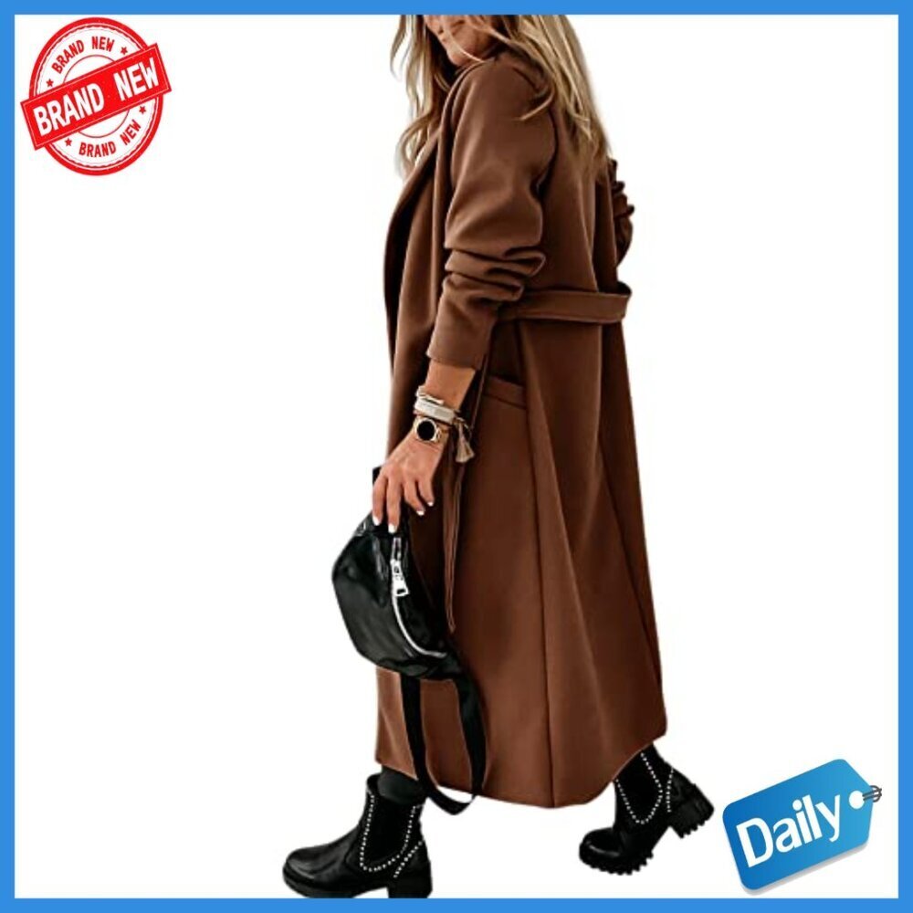 Long Wool Pea Coat with Belt Lapel Collar Open Front Winter Jacket - Picture 5 of 7